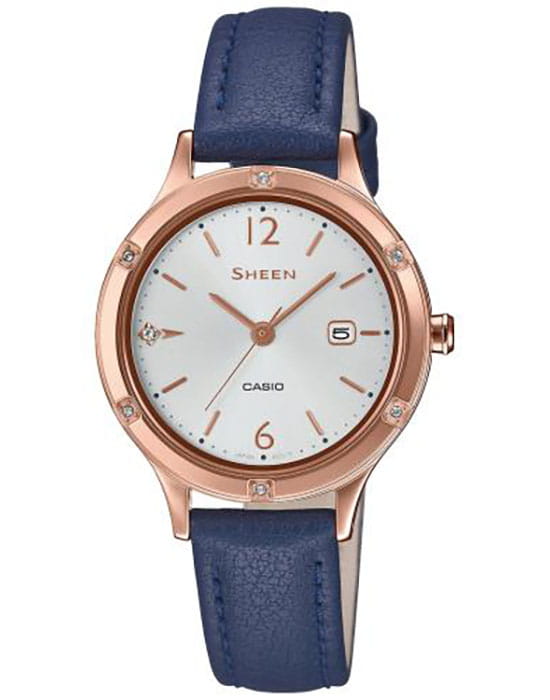 Casio Casio Sheen SHE-4533PGL-7BUER  SHE-4533PGL-7B кварцевые женские часы серебристый циферблат, браслет кожаный — вид спереди