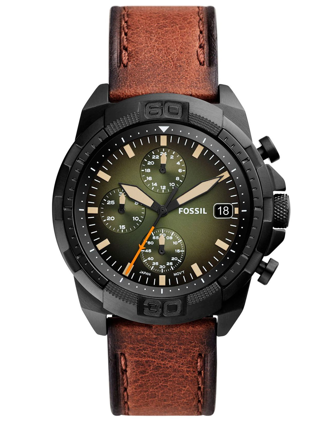 Fossil Fossil FB-02  FS5856  FS5856 кварцевые мужские часы зеленый циферблат, браслет кожаный — вид спереди