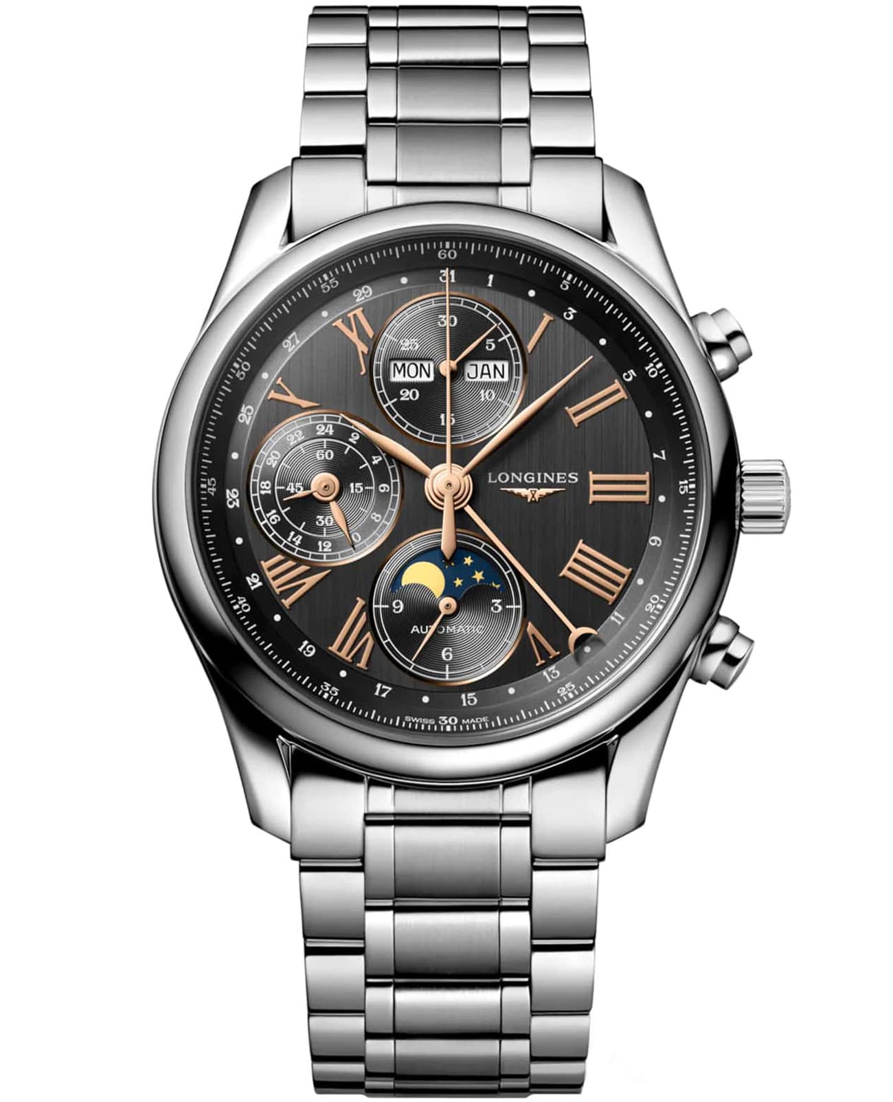 Longines Longines Master Collection L2.673.4.61.6  L26734616 механические мужские часы черный циферблат, браслет нержавеющая сталь — вид спереди