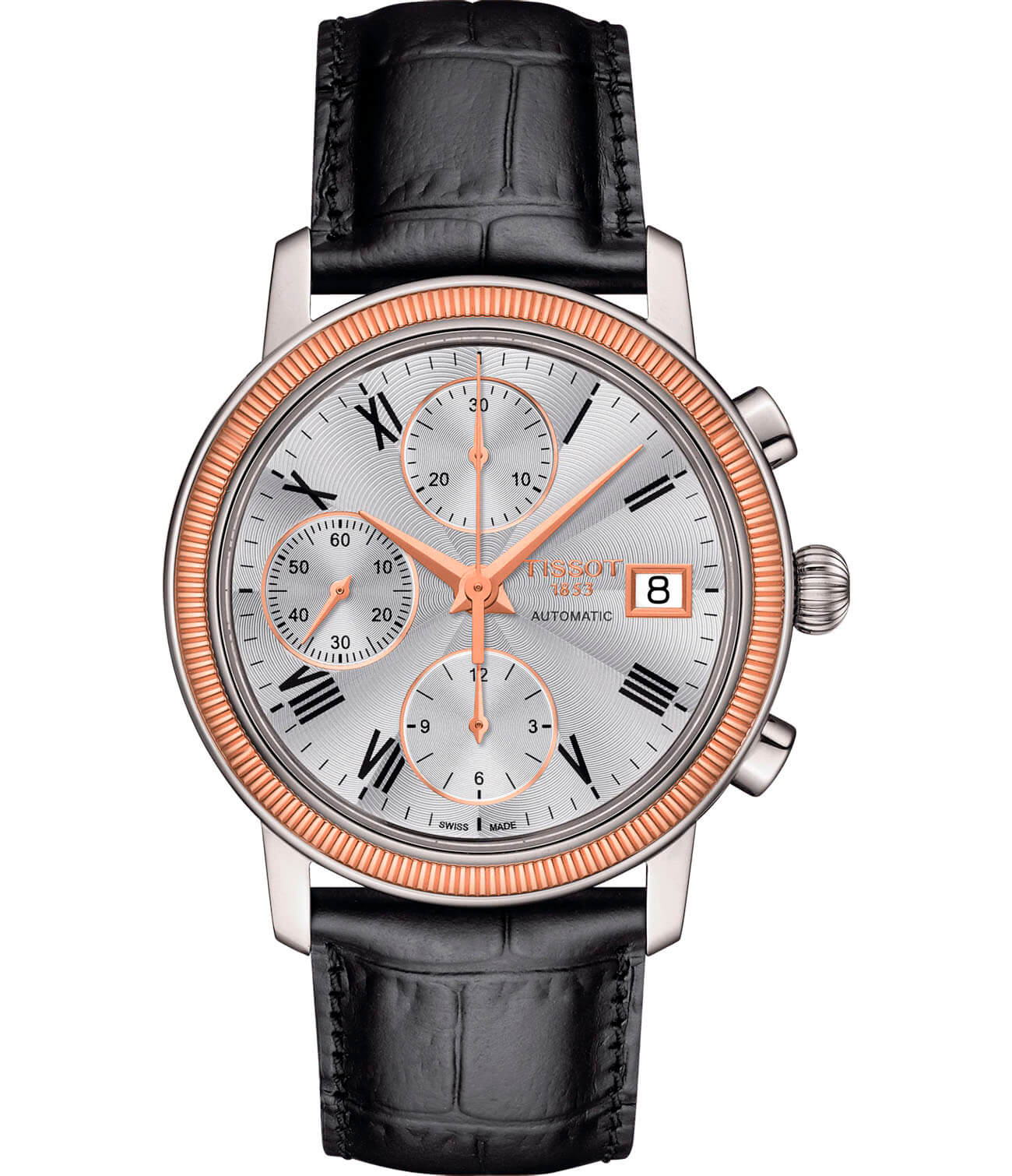 Tissot Tissot Bridgeport Automatic Valjoux 18K Gold T921.427.46.033.00 Bridgeport T9214274603300 механические мужские часы серебристый циферблат, браслет кожаный — вид спереди