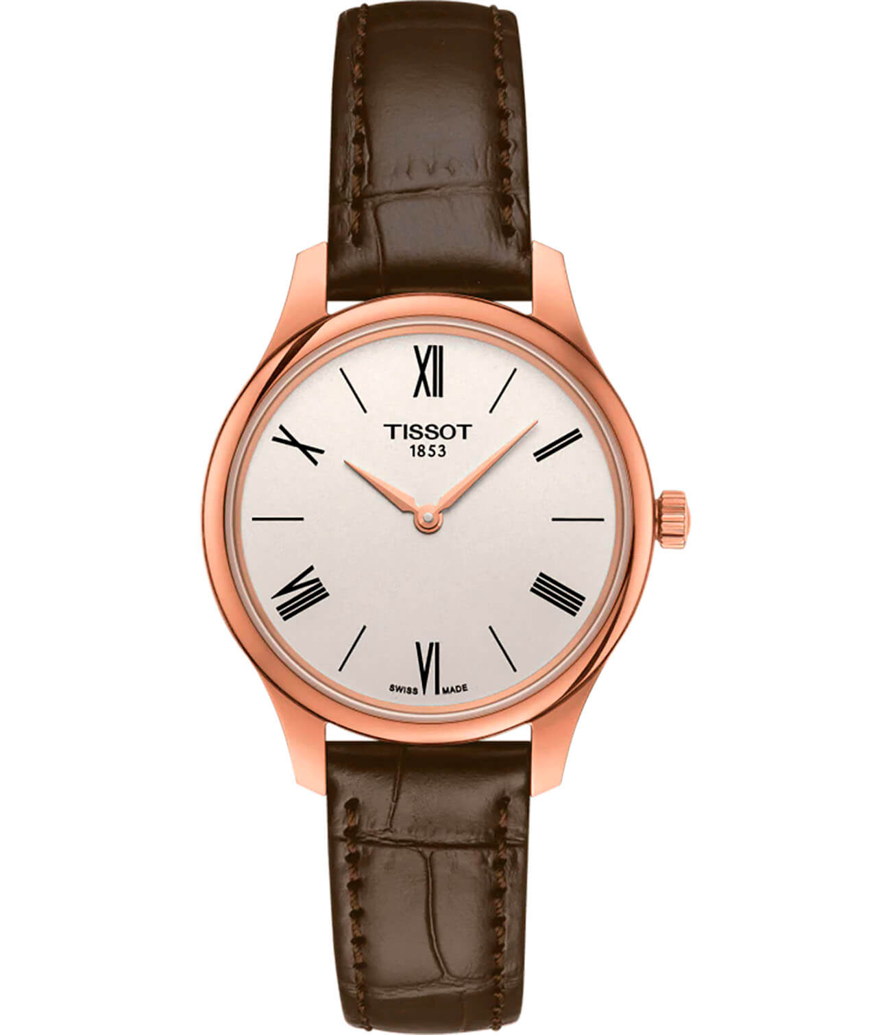 Tissot Tissot Tradition 5.5 Lady T063.209.36.038.00 Tradition T0632093603800 кварцевые женские часы серебристый циферблат, браслет кожаный — вид спереди