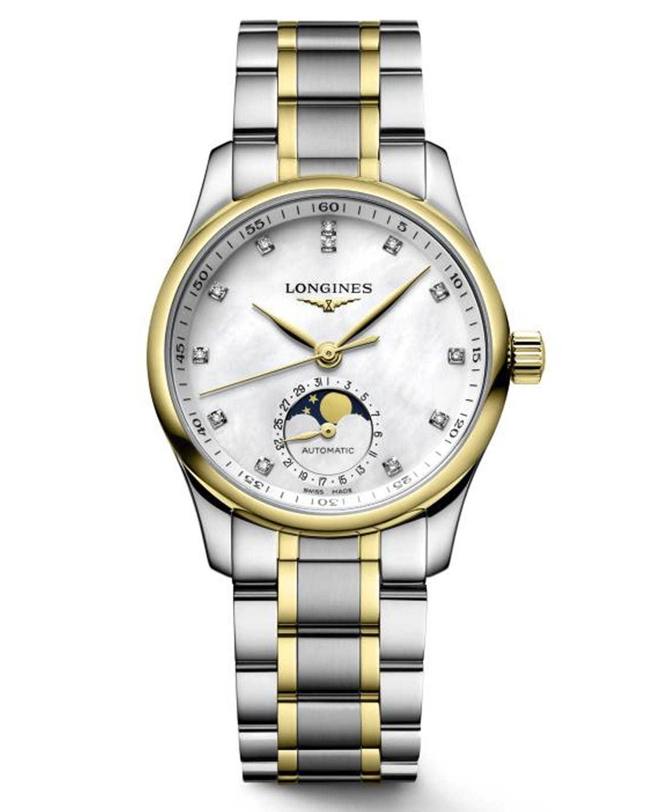Longines Longines Master Collection L2.409.5.87.7  L24095877 механические женские часы перламутровый циферблат, браслет нержавеющая сталь и 18 каратное розовое золото — вид спереди