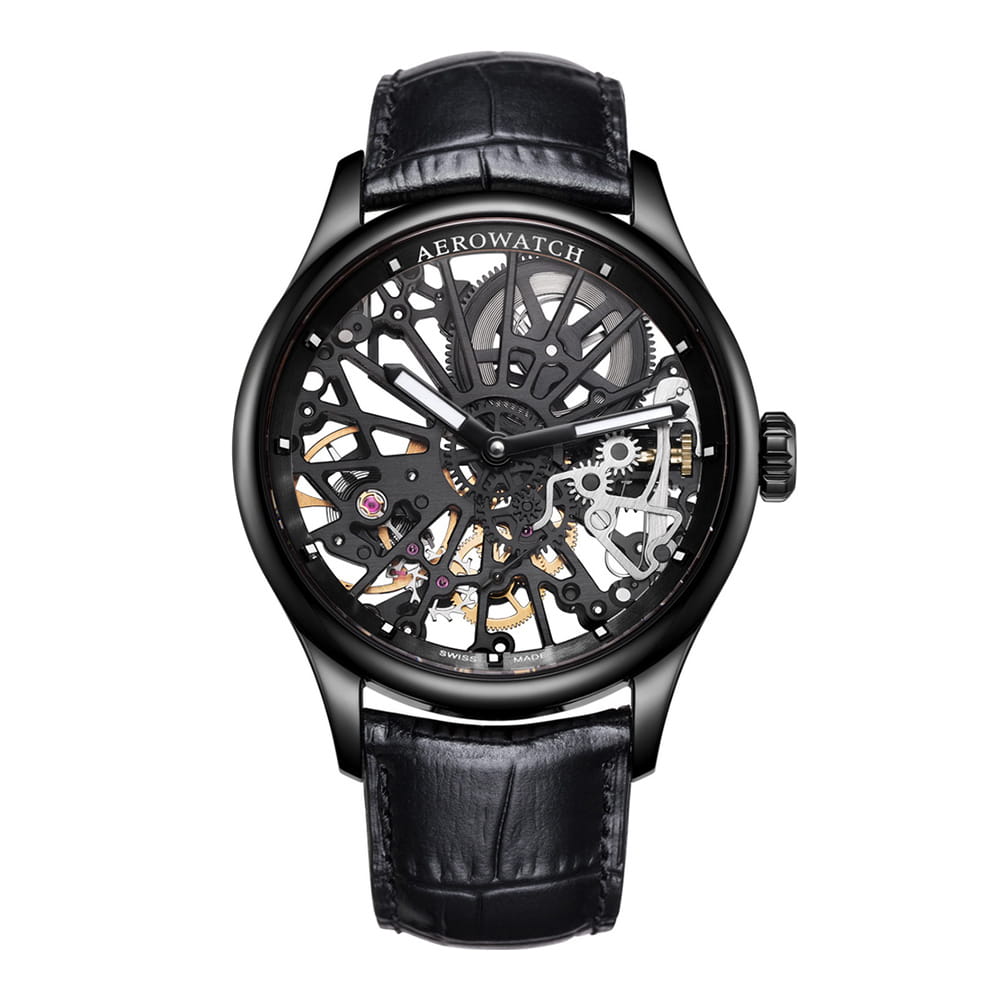 Aerowatch Aerowatch 1942 50981 NO17  50981 NO17 механические мужские часы антрацитовый циферблат, браслет кожаный — вид спереди