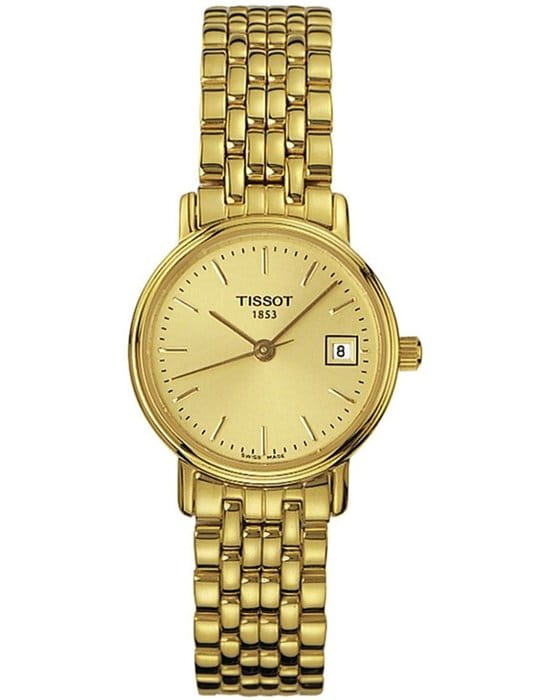 Tissot Tissot Desire Lady T52.5.281.21 Desire T52528121 кварцевые женские часы желтый циферблат, браслет нержавеющая сталь с pvd-покрытием — вид спереди