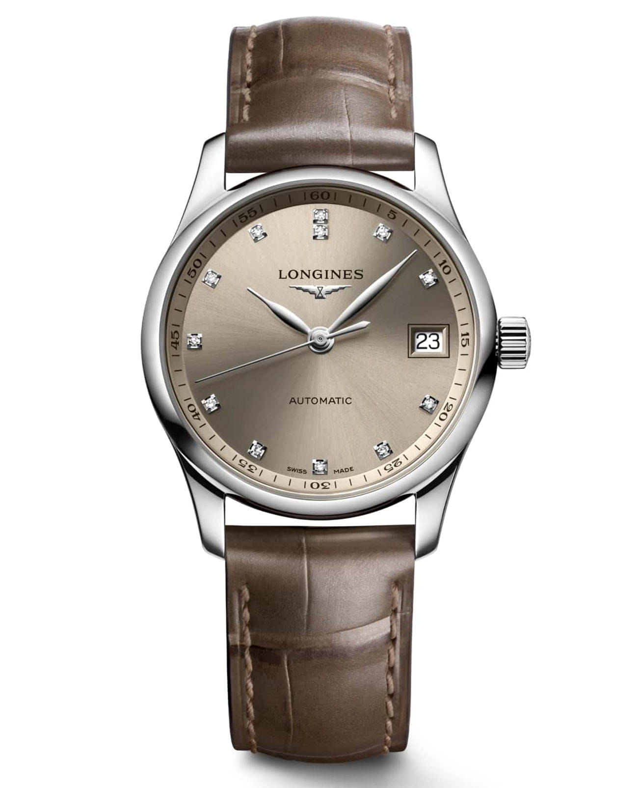 Longines Longines Master Collection L2.357.4.07.2  L23574072 механические женские часы антрацитовый циферблат, браслет кожаный — вид спереди