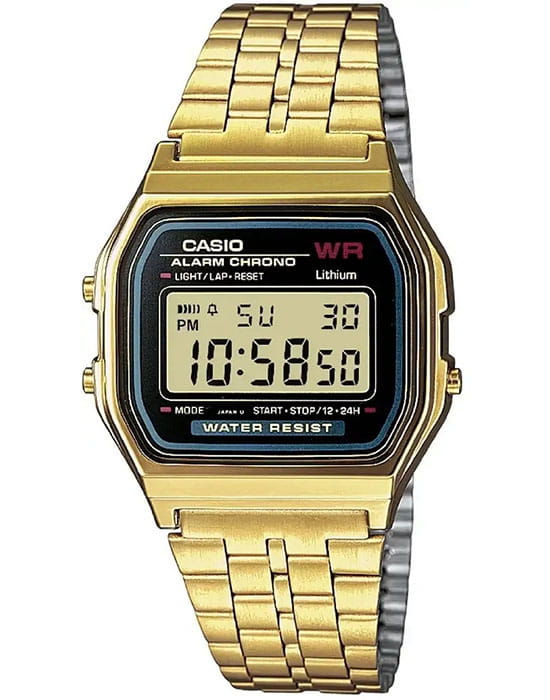 Casio Casio A-159WGEA-1E  A-159WGEA-1E кварцевые мужские часы желтый циферблат, браслет сталь с ip покрытием — вид спереди