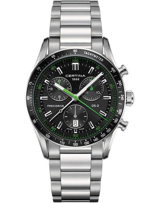 Certina Certina DS-2 Chronograph 1/100 sec C024.447.11.051.02 DS 2 C0244471105102 кварцевые мужские часы черный циферблат, браслет нержавеющая сталь — вид спереди