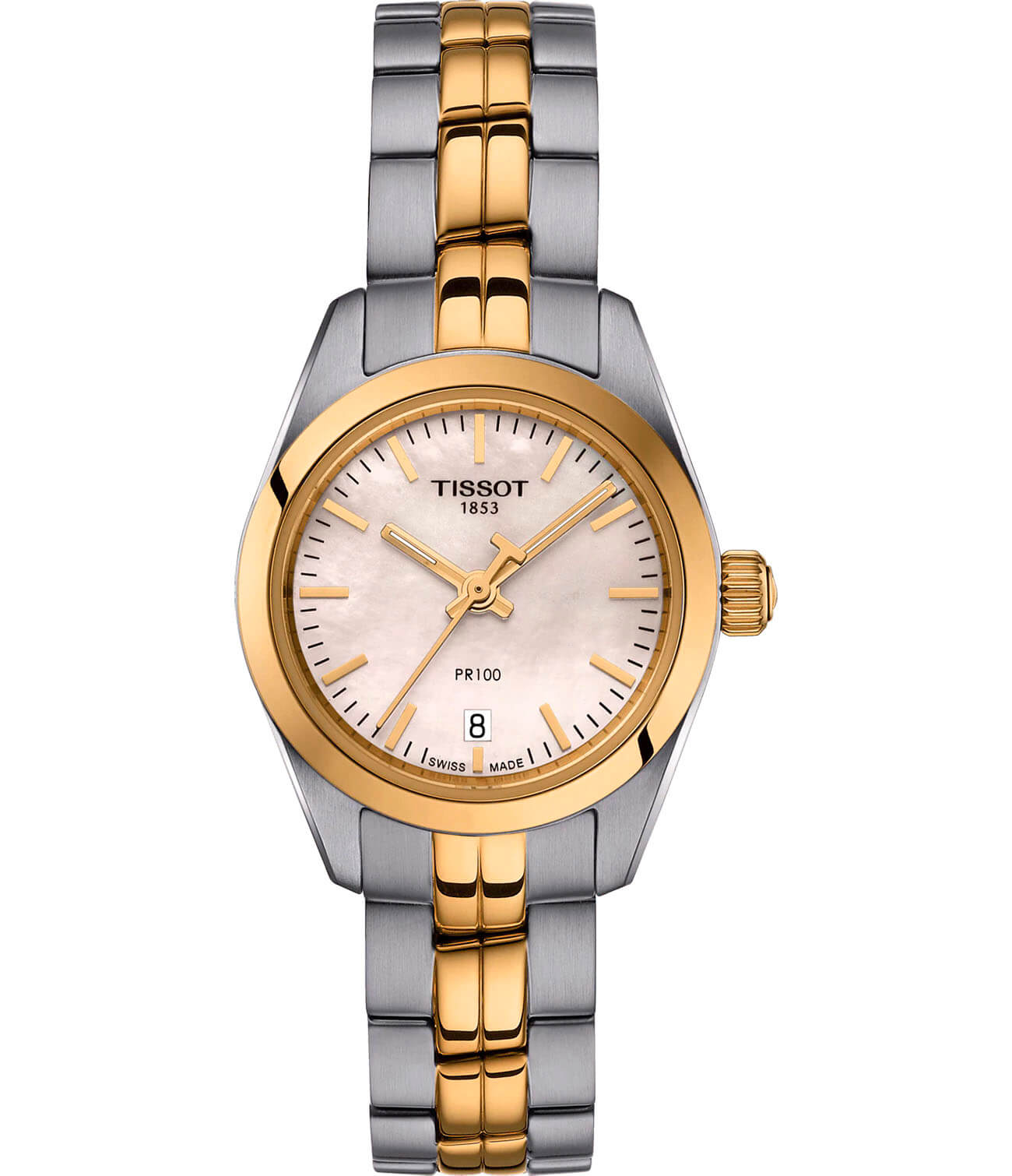 Tissot Tissot PR 100 Lady Small T101.010.22.111.00 PR 100 T1010102211100 кварцевые женские часы перламутровый циферблат, браслет сталь c pvd покрытием — вид спереди