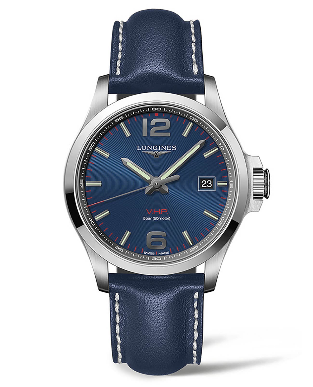 Longines Longines Conquest V.H.P. L3.726.4.96.0  L37264960 кварцевые мужские часы синий циферблат, браслет кожаный — вид спереди