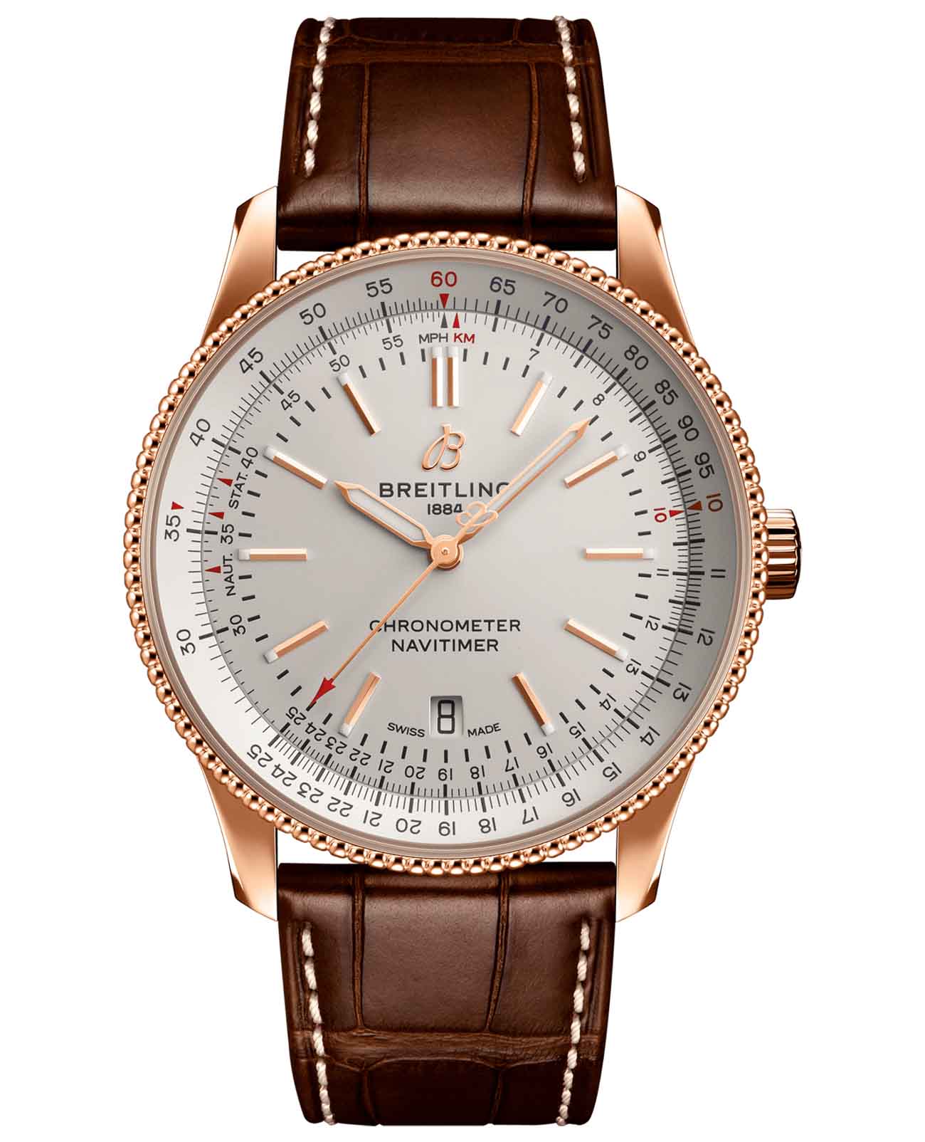 Breitling Breitling Navitimer Automatic 41 R17326211G1P1  R17326211G1P1 механические мужские часы белый циферблат, браслет кожаный — вид спереди