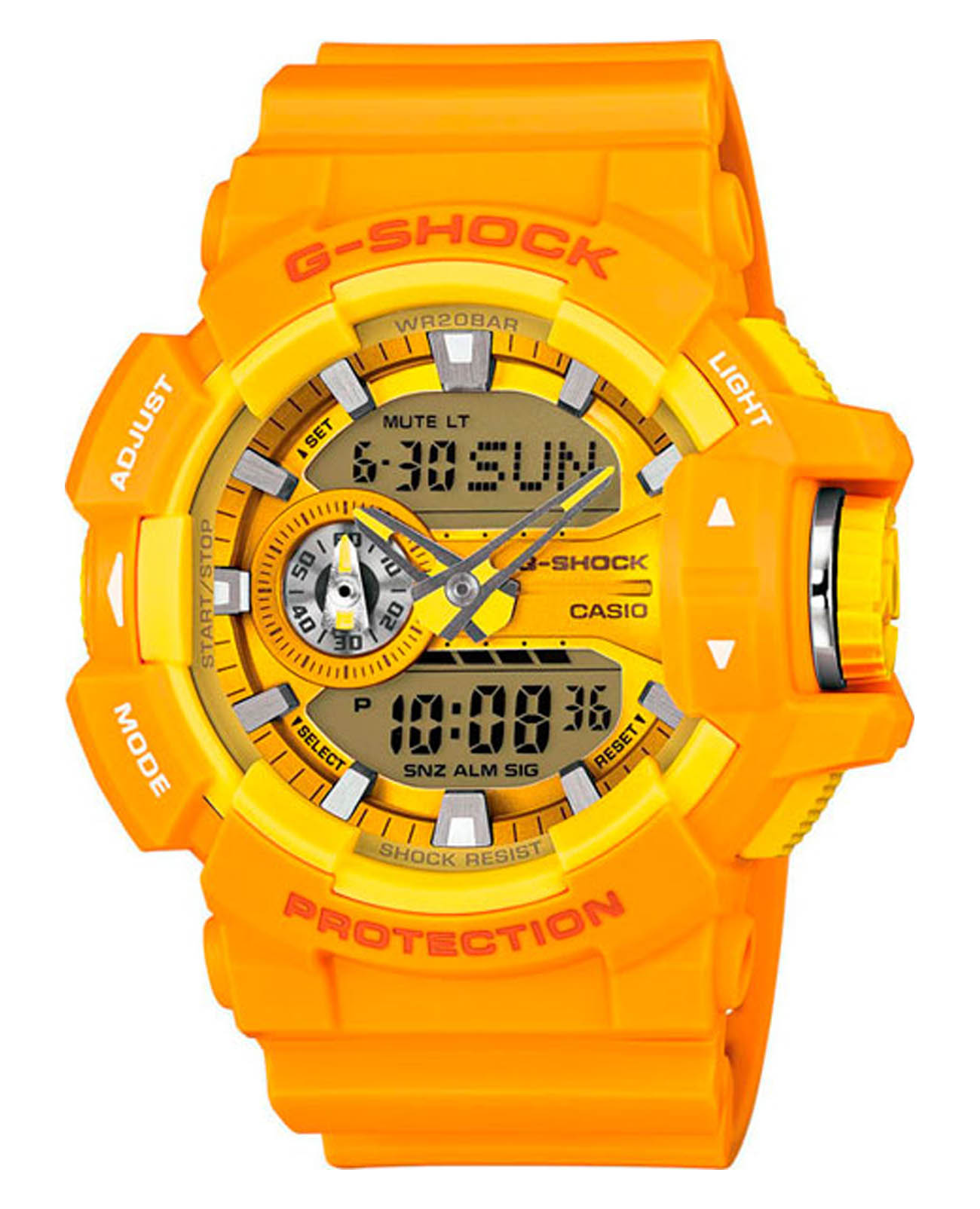 Casio Casio G-Shock GA-400-9A GA GA-400-9A электронные мужские часы оранжевый циферблат, браслет пластик — вид спереди