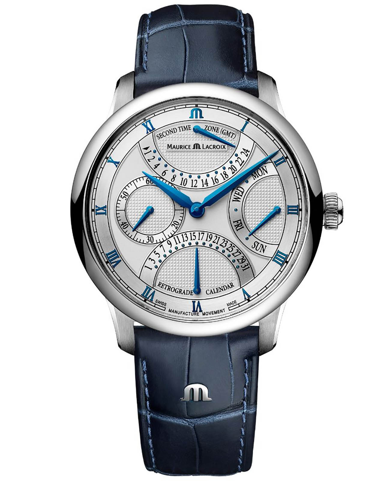 Maurice Lacroix Maurice Lacroix Masterpiece Triple Retrograde MP6538-SS001-110-1  MP6538-SS001-110-1 механические мужские часы серебристый циферблат, браслет кожаный — вид спереди