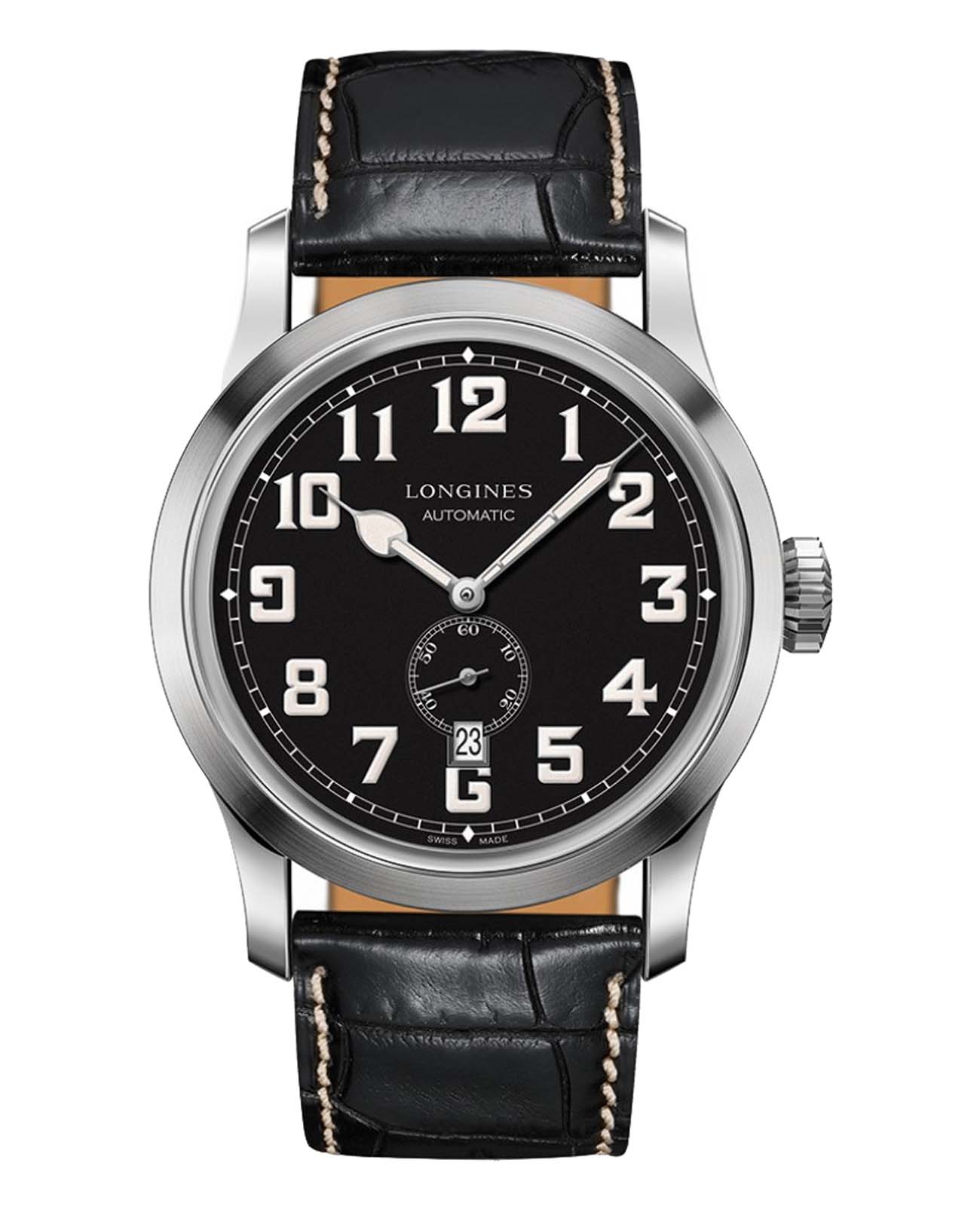 Longines Longines Heritage L2.811.4.53.0  L28114530 механические мужские часы черный циферблат, браслет кожаный — вид спереди