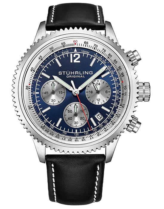 Stuhrling Stuhrling Monaco 4015.2  4015.2 кварцевые мужские часы синий циферблат, браслет кожаный — вид спереди