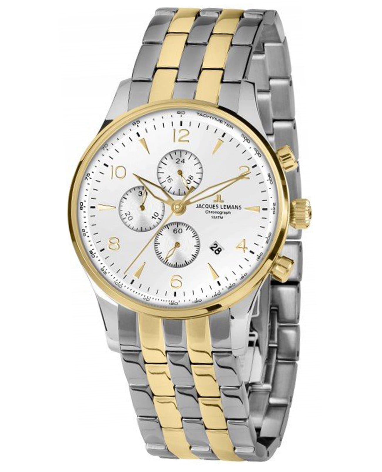 Jacques Lemans Jacques Lemans 1-1844ZH  1-1844ZH кварцевые мужские часы белый циферблат, браслет сталь с ip покрытием — вид спереди