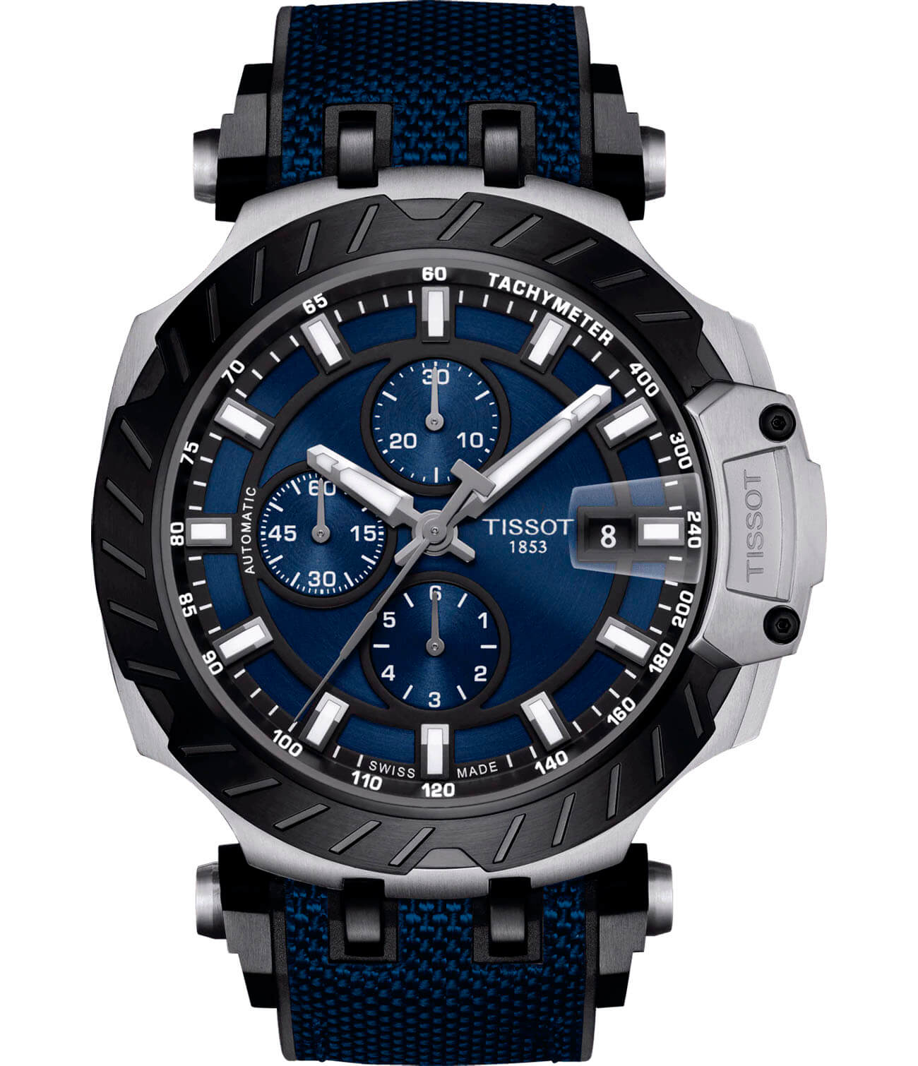 Tissot Tissot T-Race Automatic Chronograph T115.427.27.041.00 T Race T1154272704100 механические мужские часы синий циферблат, браслет кожа + каучук — вид спереди