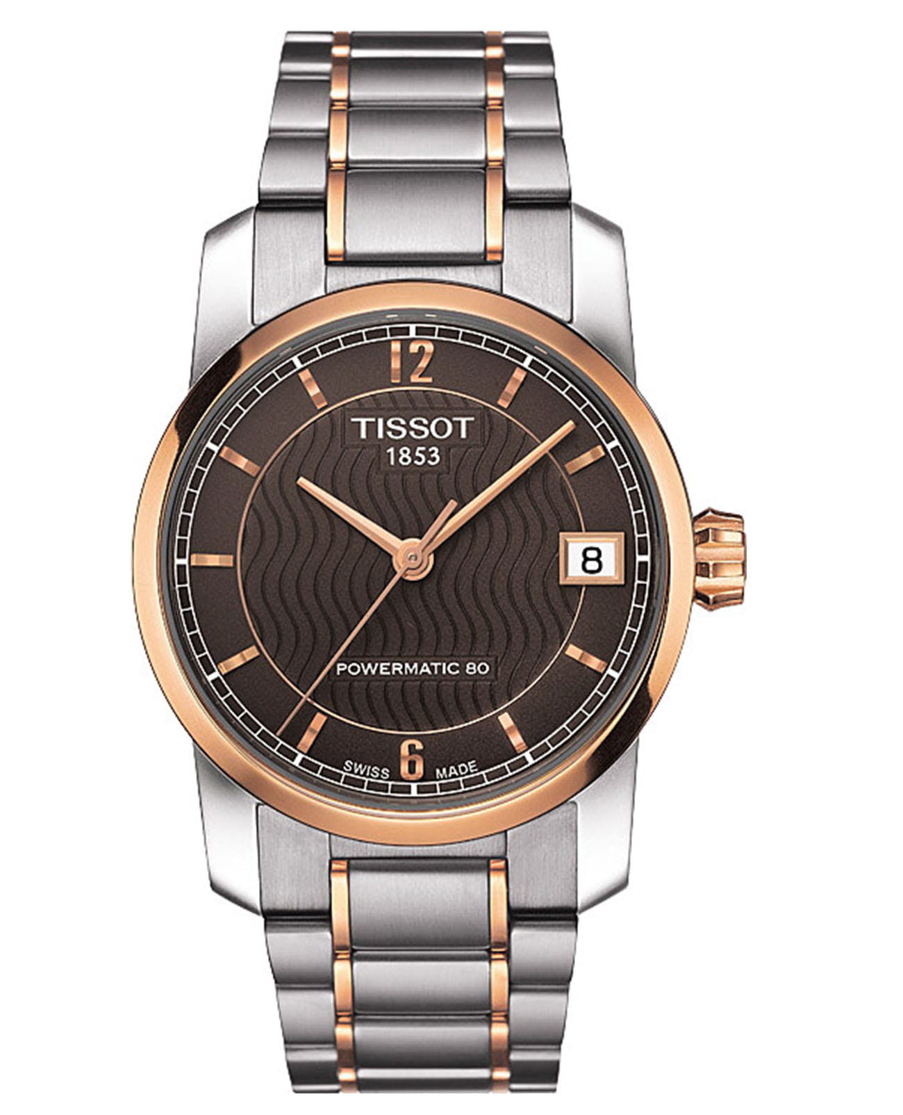 Tissot Tissot T-Classic Titanium T087.207.55.297.00 Tradition T0872075529700 механические женские часы коричневый циферблат, браслет титановый c pvd покрытием — вид спереди