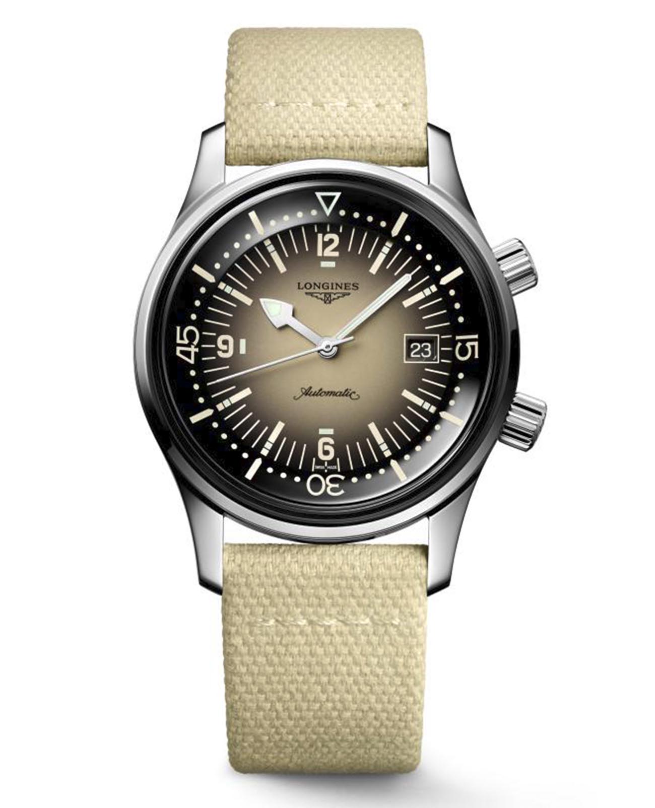Longines Longines Legend Diver Watch L3.774.4.30.2  L37744302 механические мужские часы  циферблат, браслет тканевый — вид спереди