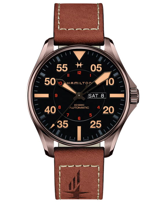 Hamilton Hamilton Khaki Aviation Pilot Day Date Auto H64705531  H64705531 механические мужские часы черный циферблат, браслет кожаный — вид спереди