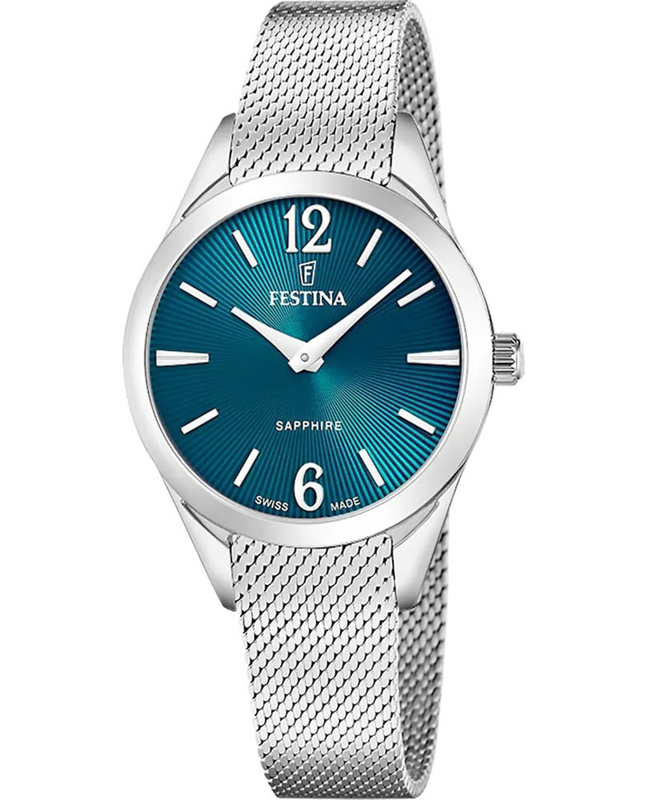Festina Festina Swiss Made F20076/4  F20076/4 кварцевые женские часы синий циферблат, браслет нержавеющая сталь — вид спереди