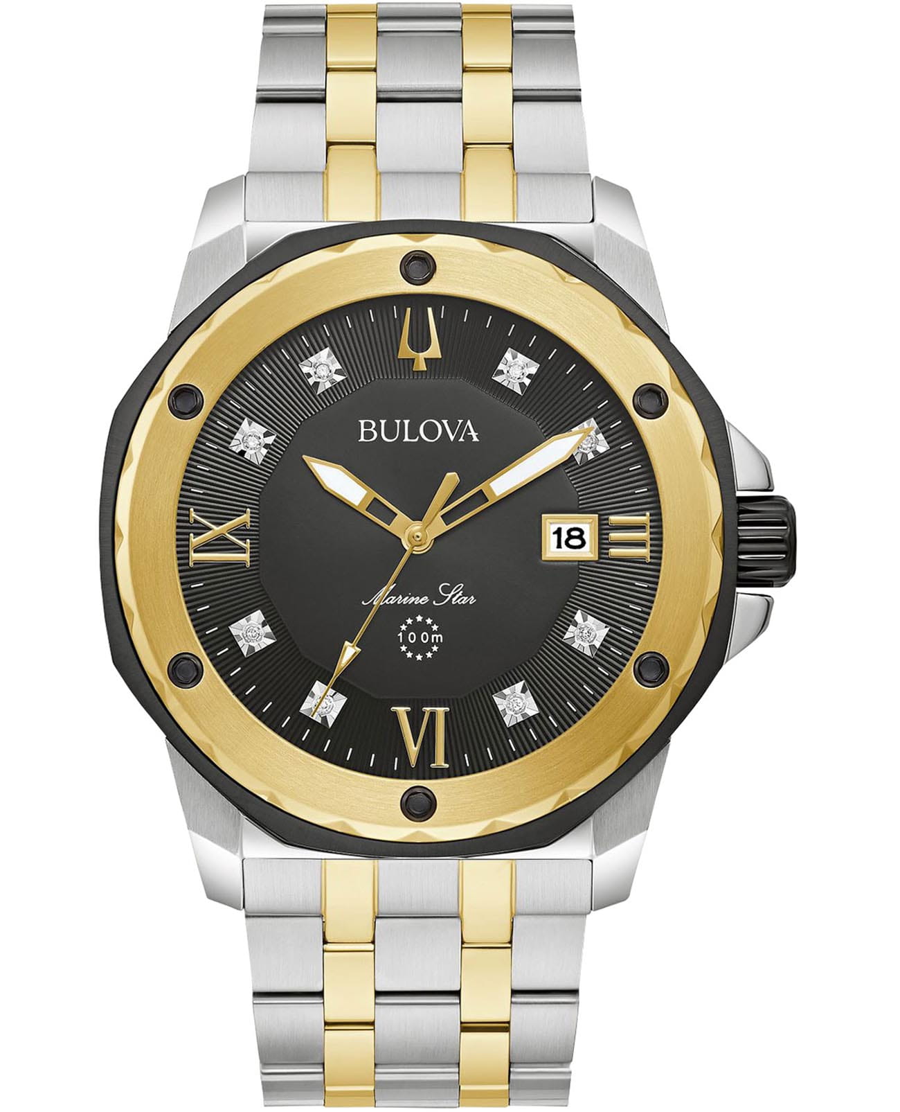 Bulova Bulova Marine Star 98D175  98D175 кварцевые мужские часы черный циферблат, браслет нержавеющая сталь с ip-покрытием — вид спереди