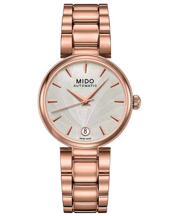 Mido Mido Baroncelli Donna M022.207.33.031.10  M0222073303110 механические женские часы серебристый циферблат, браслет сталь c pvd покрытием — вид спереди