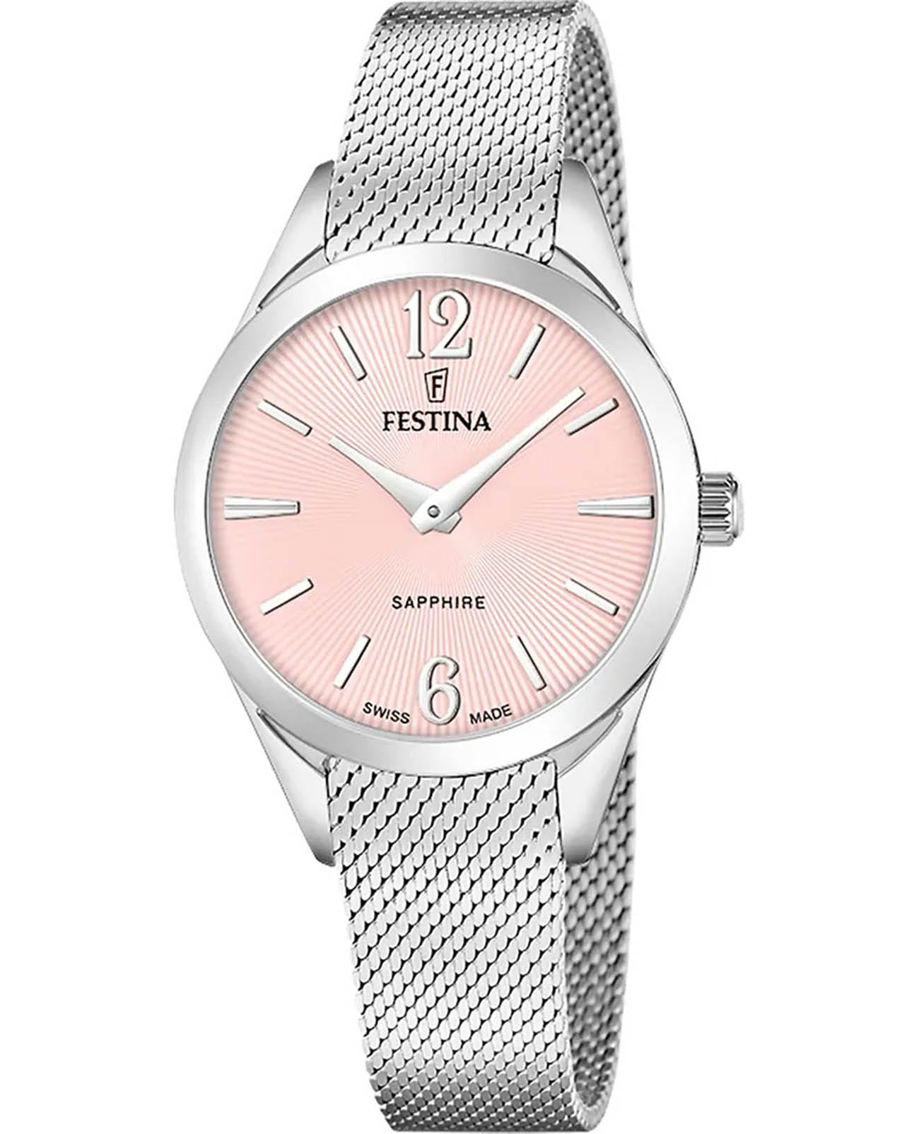 Festina Festina Swiss Made F20076/2  F20076/2 кварцевые женские часы розовый циферблат, браслет нержавеющая сталь — вид спереди