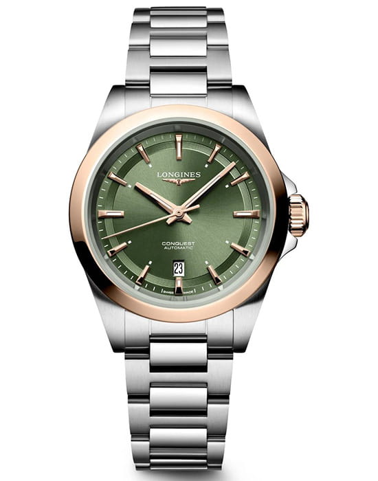 Longines Longines Conquest L3.320.5.02.6  L33205026 механические женские часы зеленый циферблат, браслет нержавеющая сталь — вид спереди