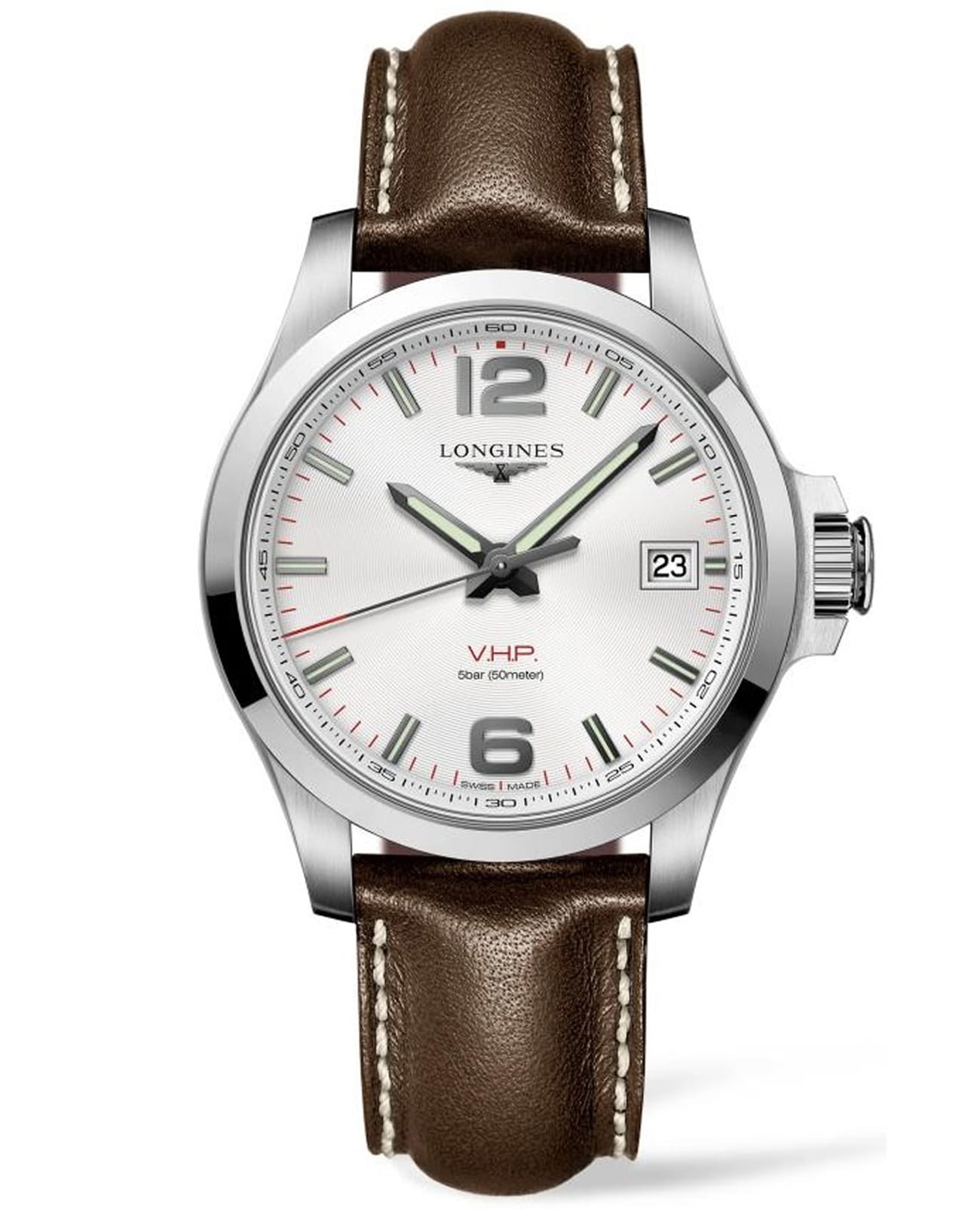 Longines Longines Conquest L3.726.4.76.4  L37264764 кварцевые мужские часы белый циферблат, браслет кожаный — вид спереди