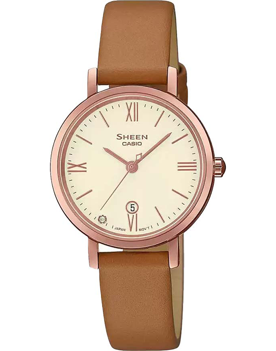 Casio Casio Sheen SHE-4540CGL-9AUDF  SHE-4540CGL-9A кварцевые женские часы бежевый циферблат, браслет кожаный — вид спереди