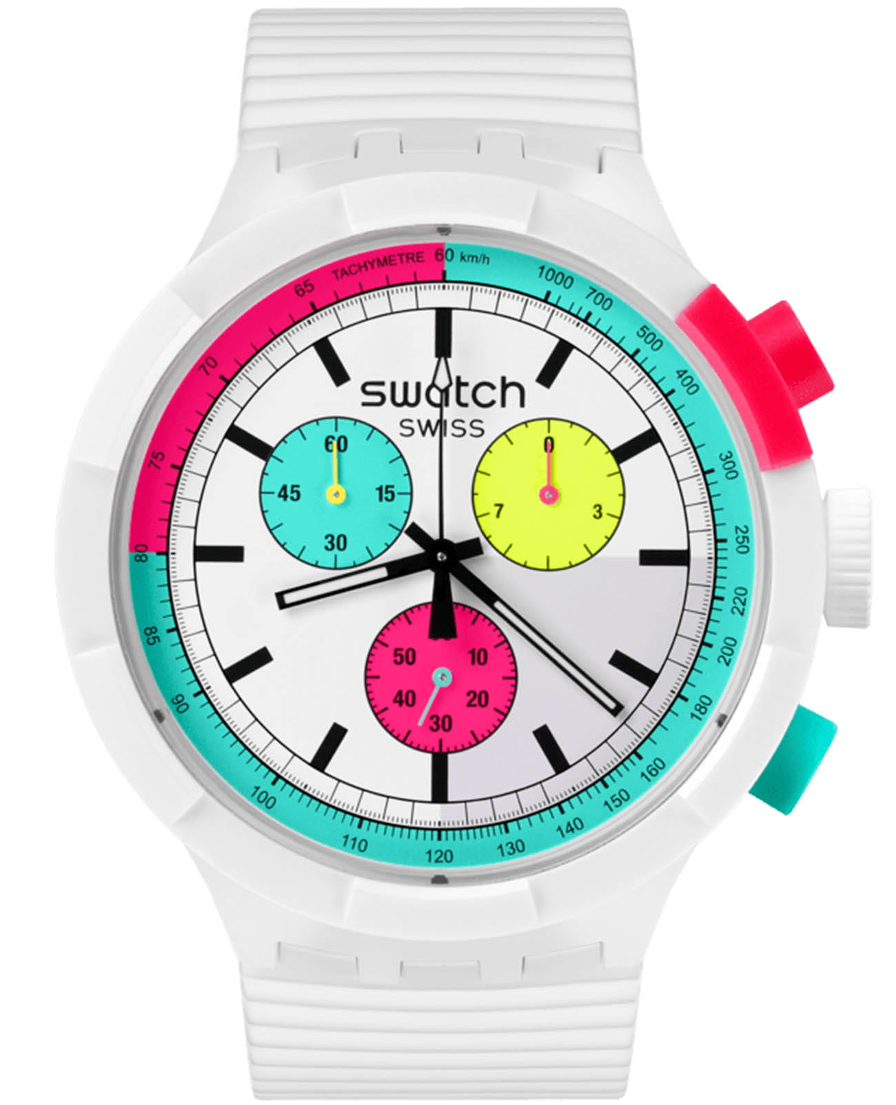 Swatch Swatch Big Bold Chrono Biosourced SB06W100  SB06W100 кварцевые мужские часы белый циферблат, браслет силикон — вид спереди