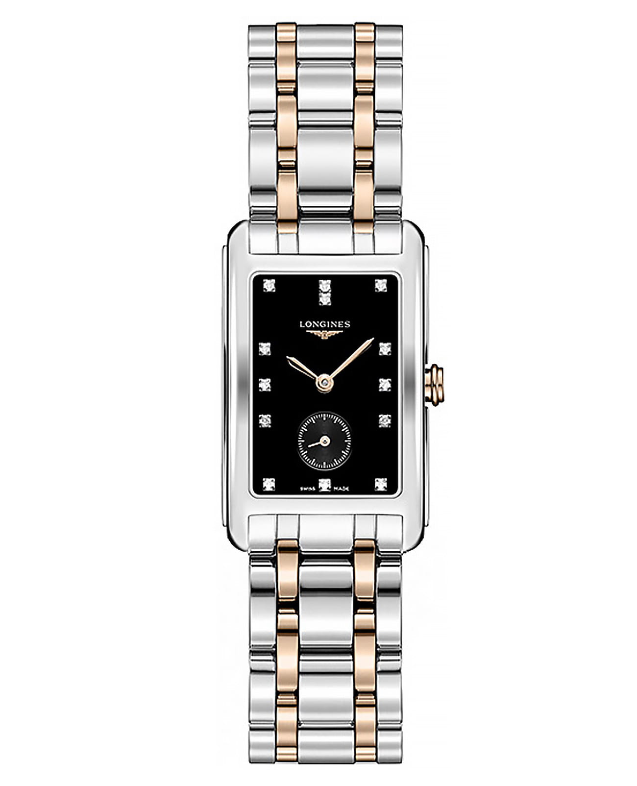 Longines Longines DolceVita L5.512.5.57.7  L55125577 кварцевые женские часы черный циферблат, браслет нержавеющая сталь + золото 18к — вид спереди