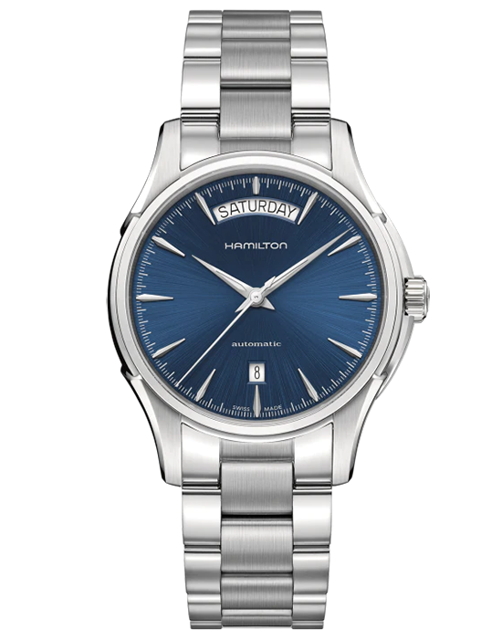 Hamilton Hamilton Jazzmaster Day Date Auto H32505141  H32505141 механические мужские часы синий циферблат, браслет нержавеющая сталь — вид спереди