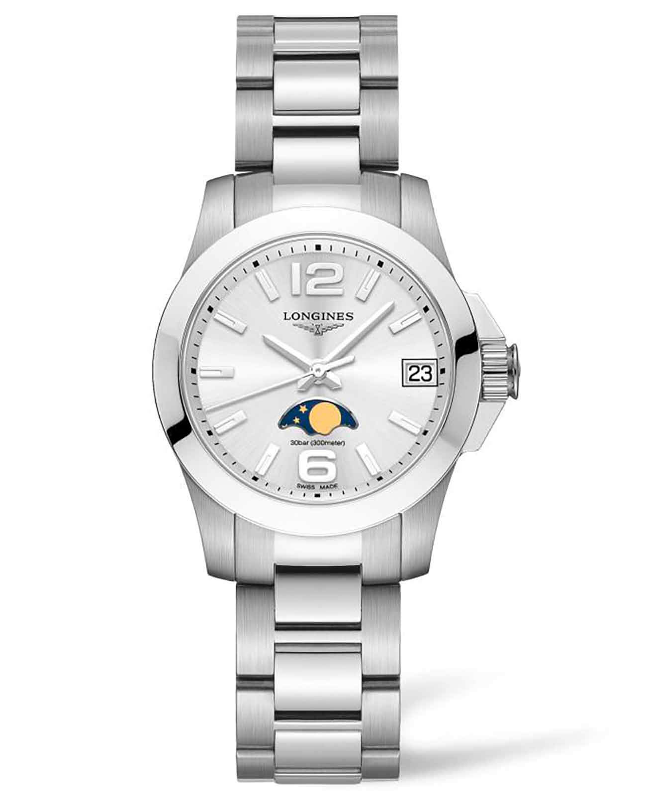 Longines Longines Conquest L3.380.4.76.6  L33804766 кварцевые женские часы серебристый циферблат, браслет нержавеющая сталь — вид спереди