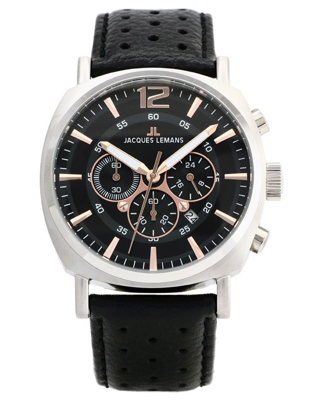 Jacques Lemans Jacques Lemans 1-1645J  1-1645J кварцевые мужские часы черный циферблат, браслет кожаный — вид спереди
