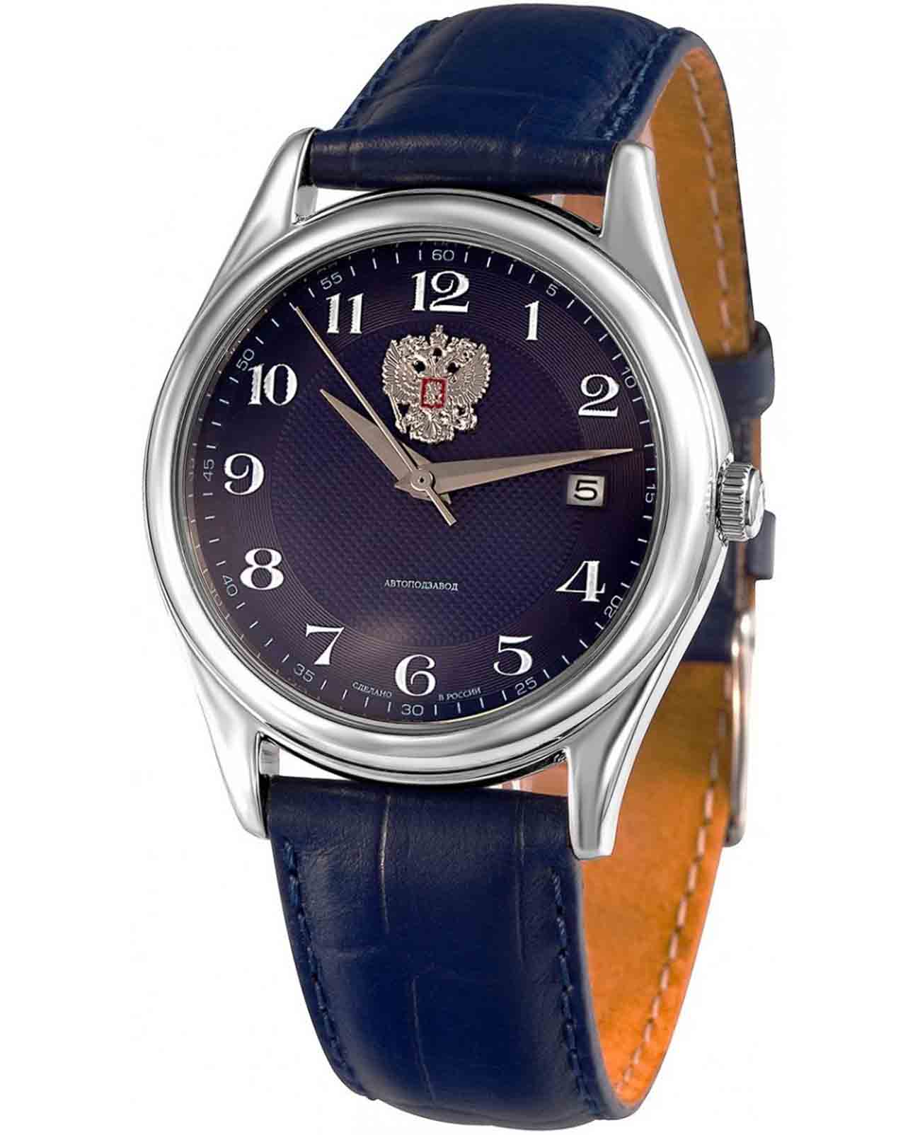 Слава Слава Сенат 1490857/300-8215  1490857/300-8215 механические мужские часы синий циферблат, браслет кожаный — вид спереди