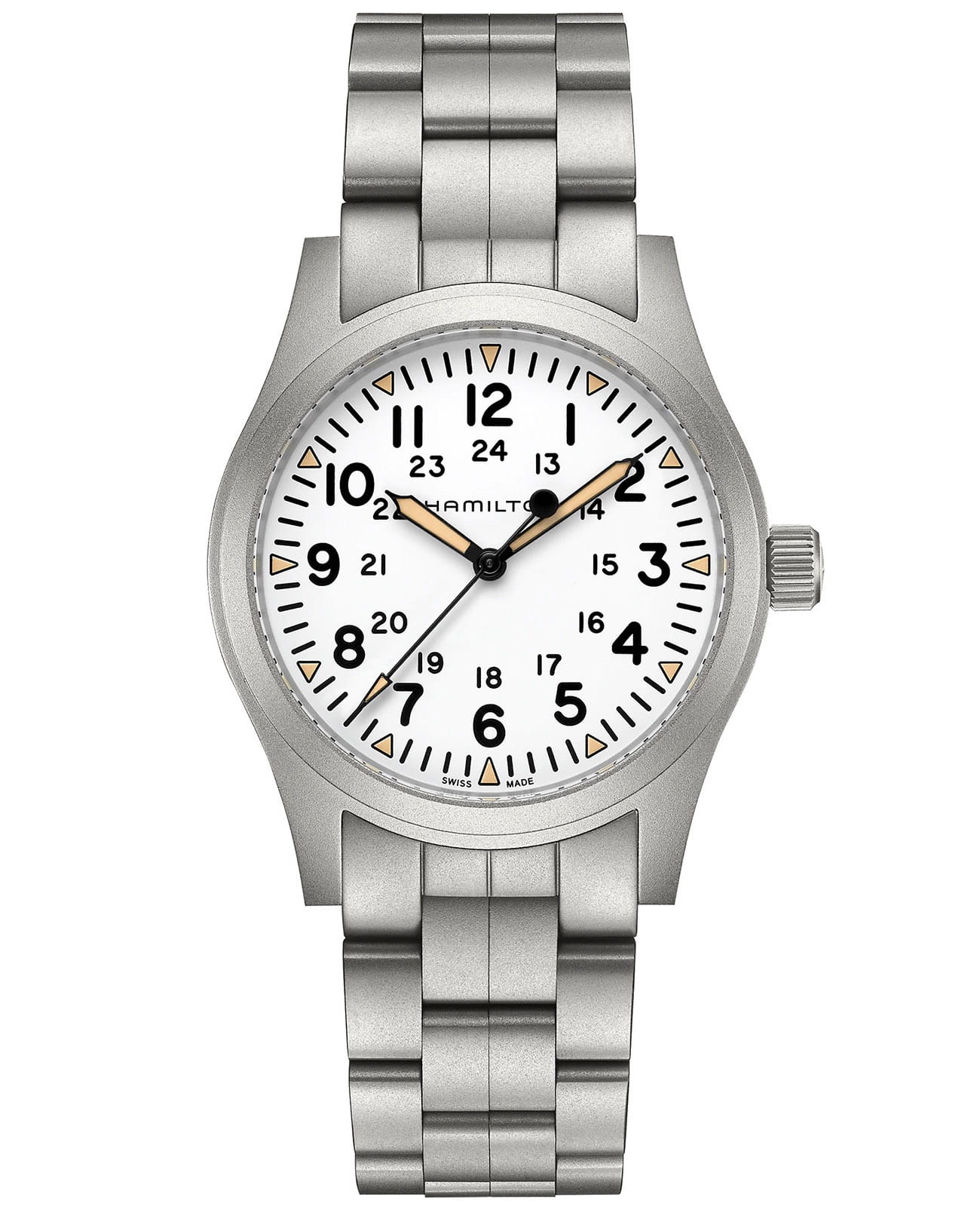 Hamilton Hamilton Khaki Field Mechanical 42mm H69529113  H69529113 механические мужские часы белый циферблат, браслет нержавеющая сталь — вид спереди