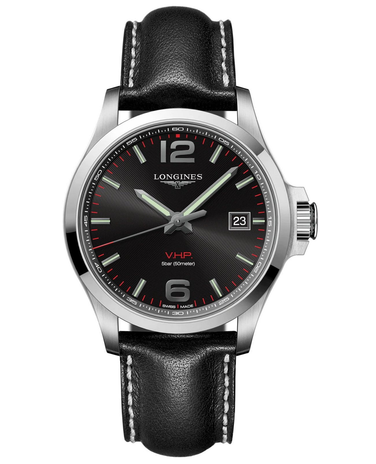 Longines Longines Conquest V.H.P.  L3.726.4.56.3  L37264563 кварцевые мужские часы черный циферблат, браслет кожаный — вид спереди