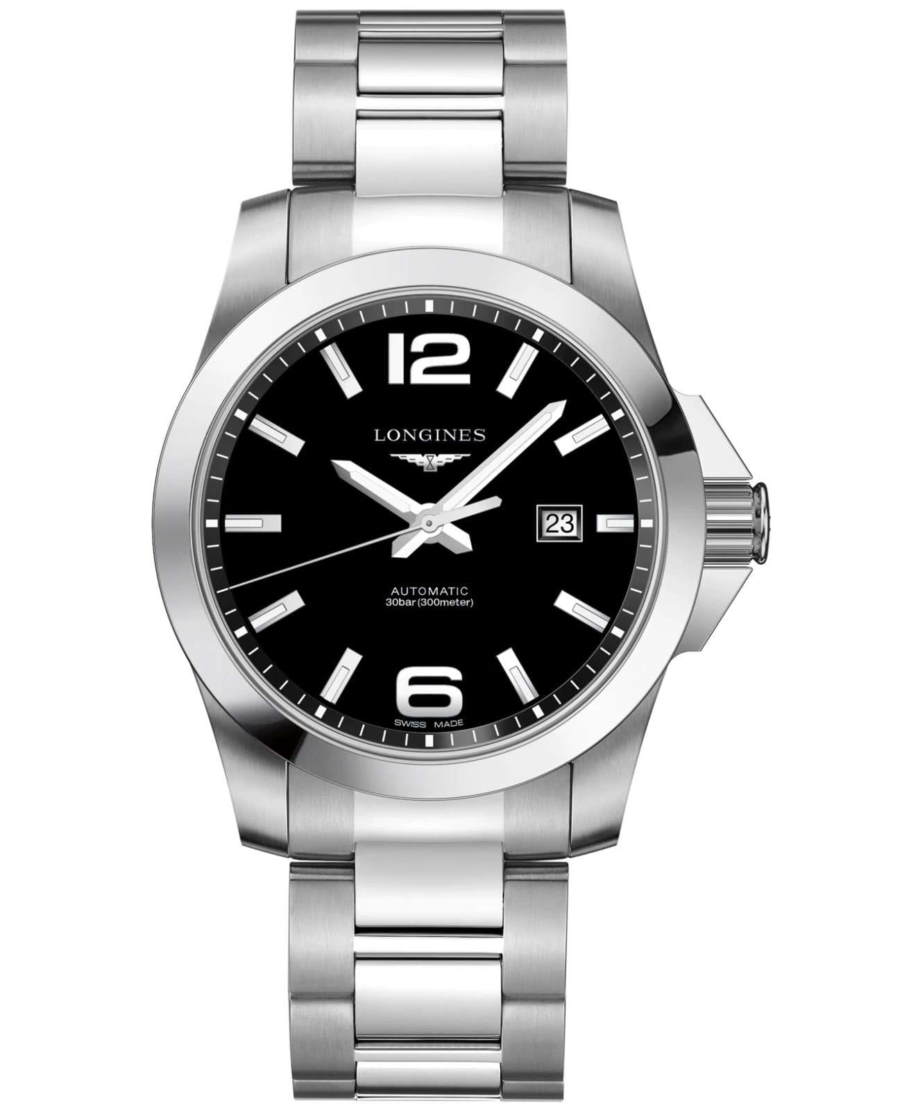 Longines Longines Conquest L3.778.4.58.6  L37784586 механические мужские часы черный циферблат, браслет нержавеющая сталь — вид спереди