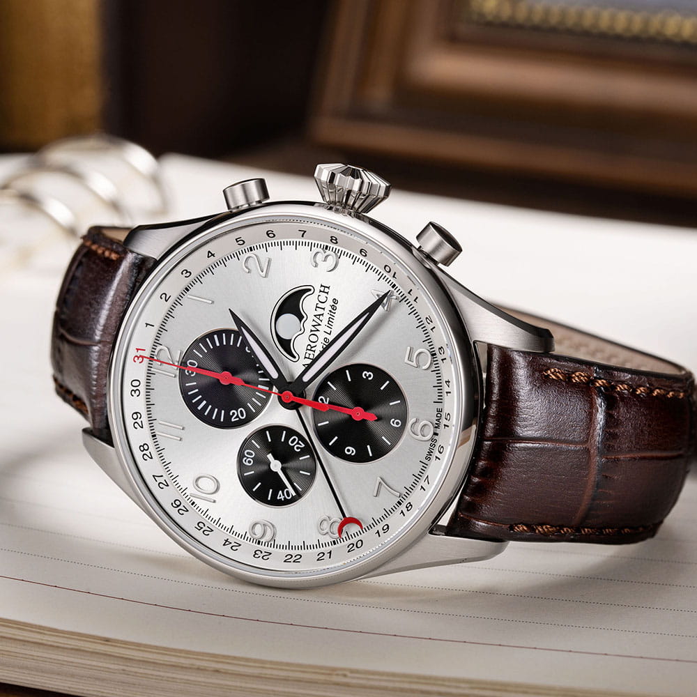 Aerowatch Aerowatch Les Grandes Classiques Chrono Moon Phase Limited Edition 69989 AA04,  швейцария мужские часы на браслете кожаный боковой вид