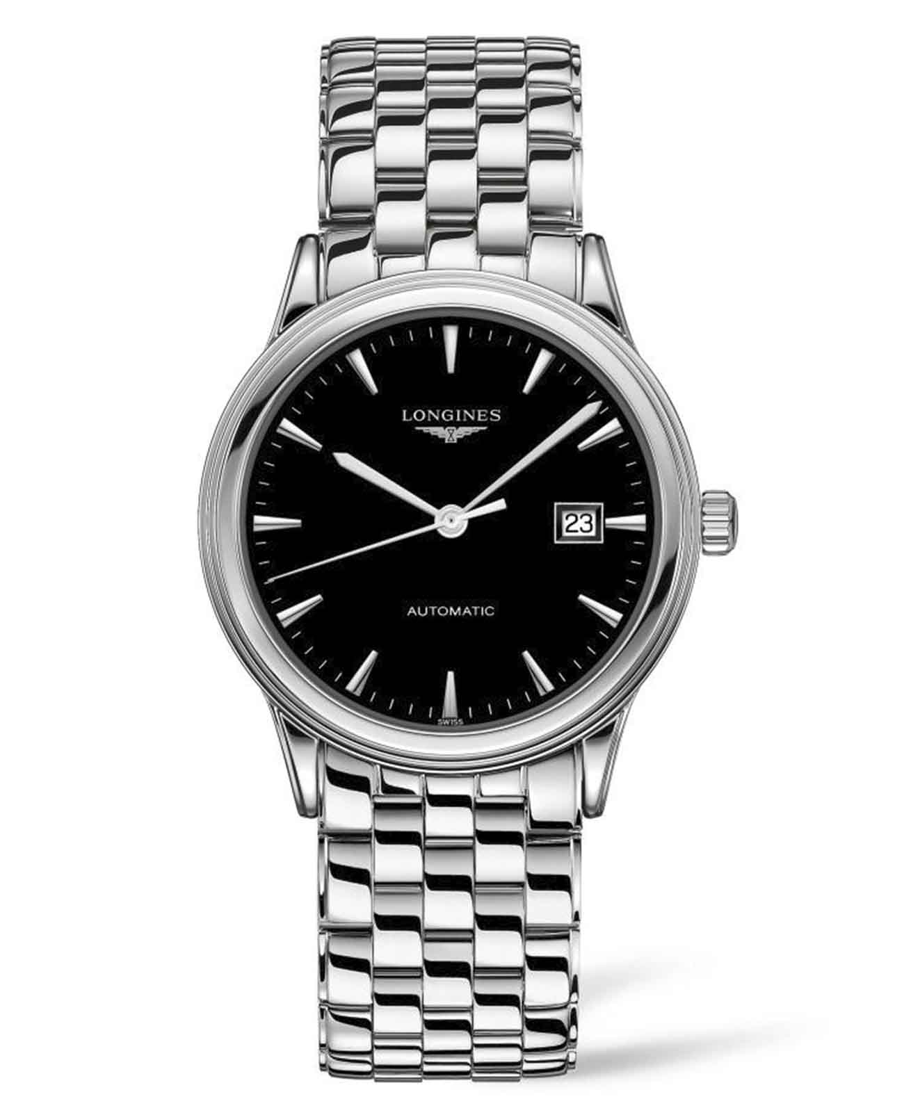 Longines Longines Flagship L4.984.4.59.6  L49844596 механические мужские часы черный циферблат, браслет нержавеющая сталь — вид спереди