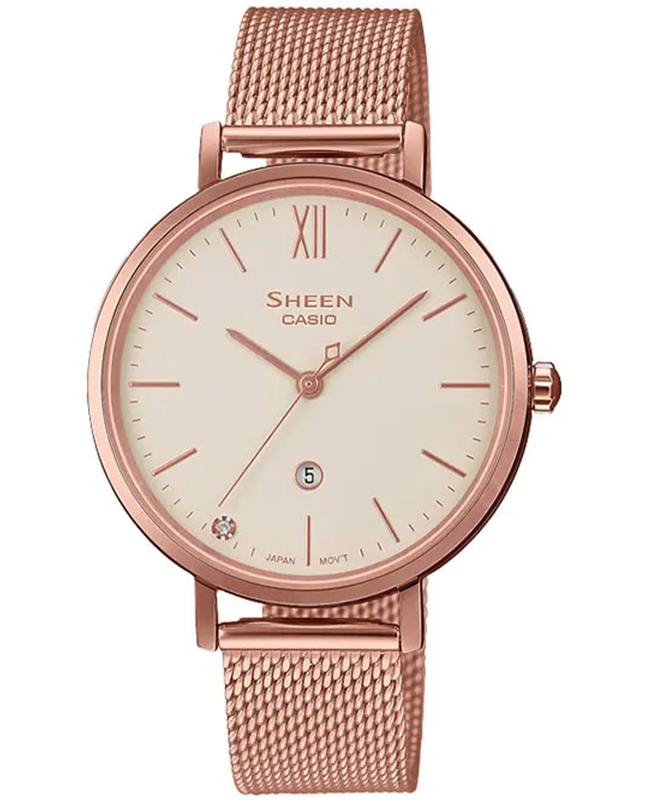 Casio Casio Sheen SHE-4539CGM-4AUDF  SHE-4539CGM-4AUDF кварцевые женские часы белый циферблат, браслет сталь с ip покрытием — вид спереди