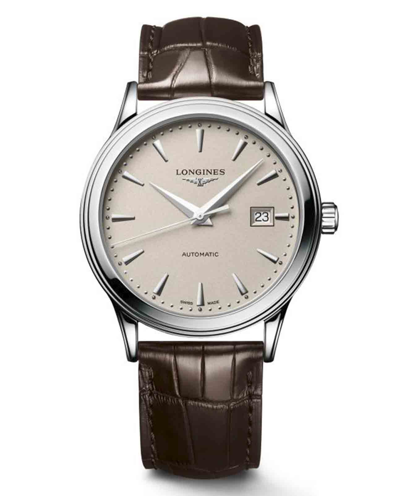 Longines Longines Flagship L4.984.4.79.2  L49844792 механические мужские часы бежевый циферблат, браслет кожаный — вид спереди