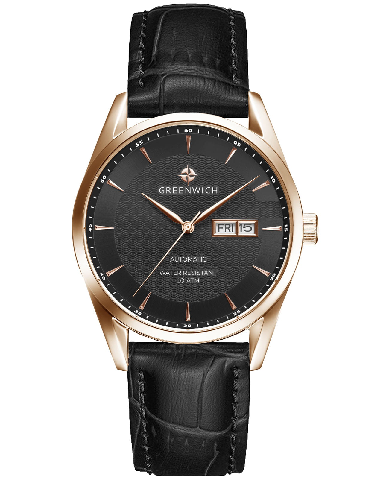 Greenwich Greenwich Good Luck Classic GW 074.41.31  GW 074.41.31 механические мужские часы черный циферблат, браслет кожаный — вид спереди