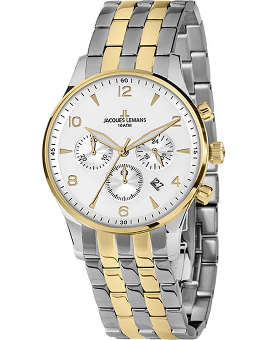 Jacques Lemans Jacques Lemans 1-1654ZH  1-1654ZH кварцевые мужские часы белый циферблат, браслет сталь с ip покрытием — вид спереди