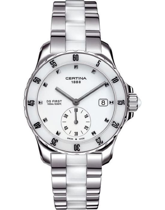 Certina Certina C014.235.11.011.01  C0142351101101 кварцевые женские часы белый циферблат, браслет сталь + керамические вставки — вид спереди