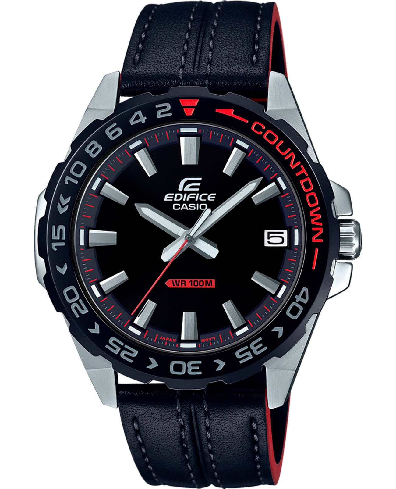 Casio Casio Edifice EFV-120BL-1A EFV EFV-120BL-1A кварцевые мужские часы черный циферблат, браслет кожаный — вид спереди