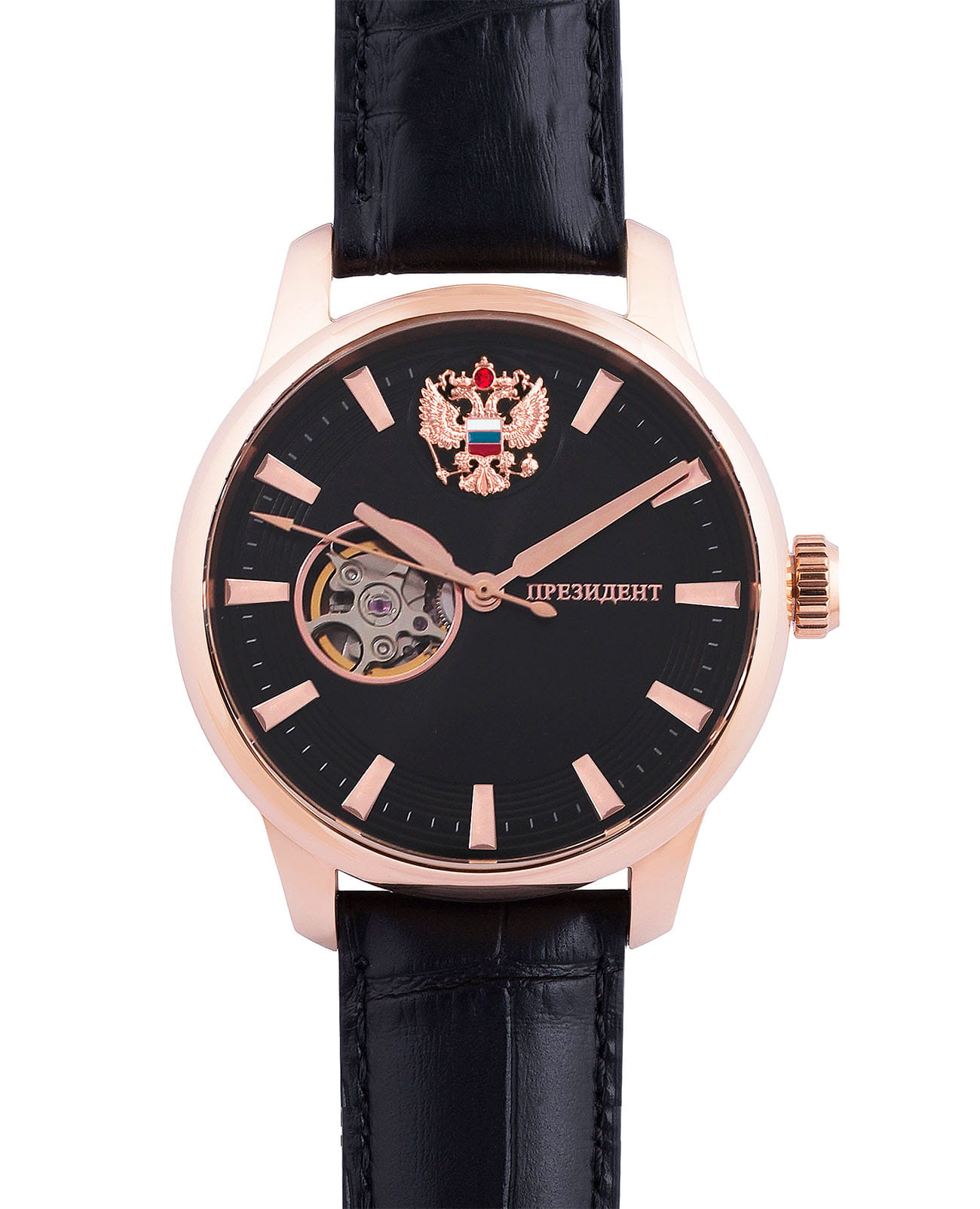 Президент Президент 3919094  3919094 механические мужские часы черный циферблат, браслет кожаный — вид спереди