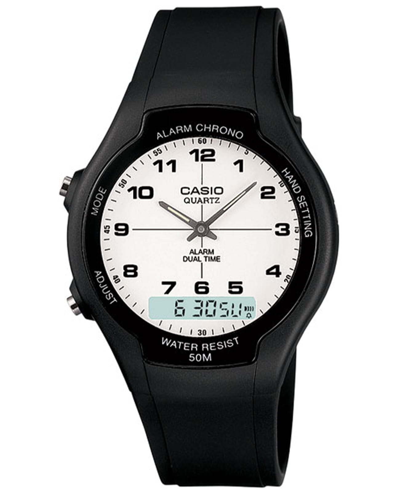 Casio Casio Illuminator AW-90H-7BVDF (AW-90H-7B)  AW-90H-7BVDF кварцевые мужские часы белый циферблат, браслет пластик — вид спереди