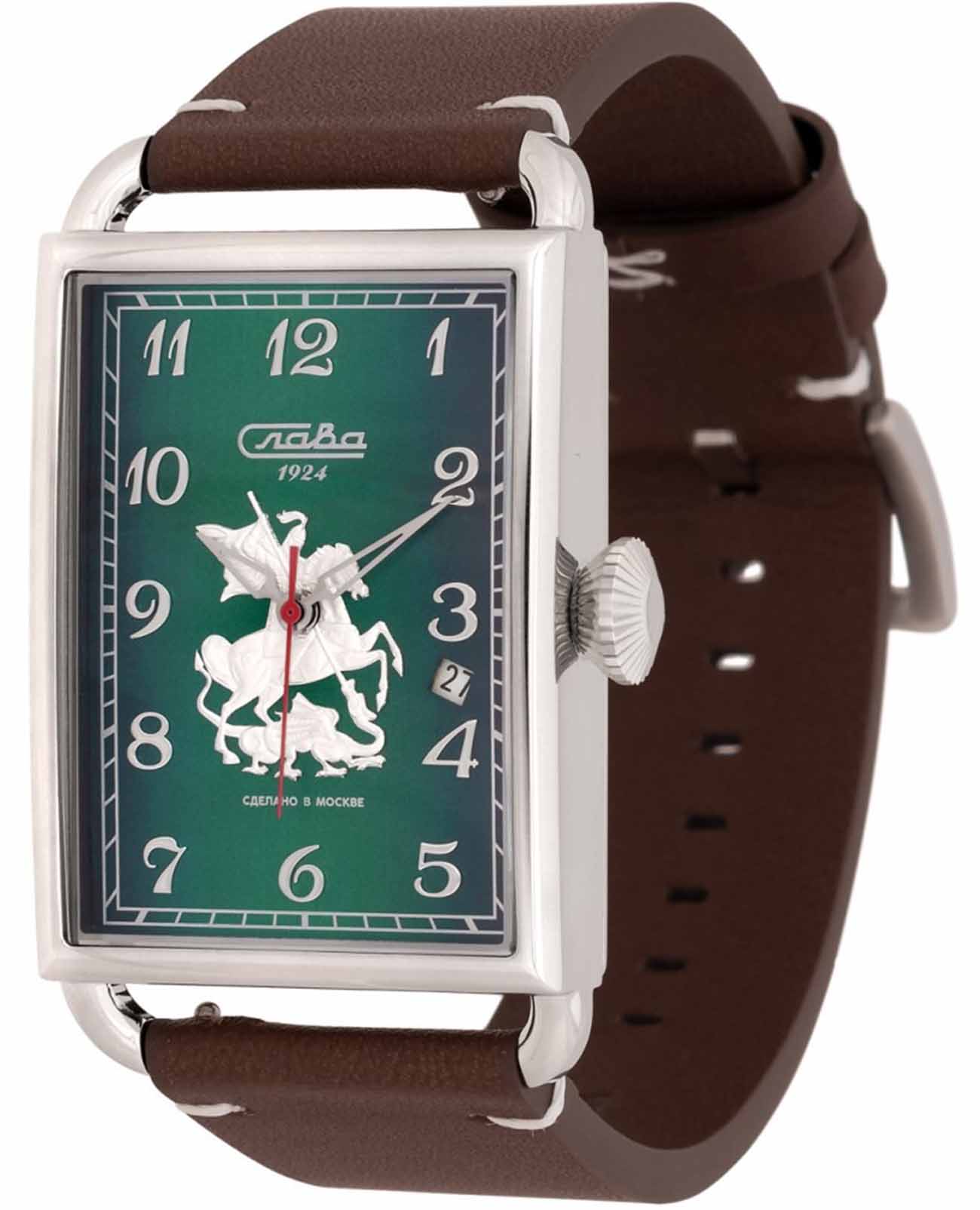 Слава Слава Москва 8700783/300-2414  8700783/300-2414 механические мужские часы зеленый циферблат, браслет кожаный — вид спереди